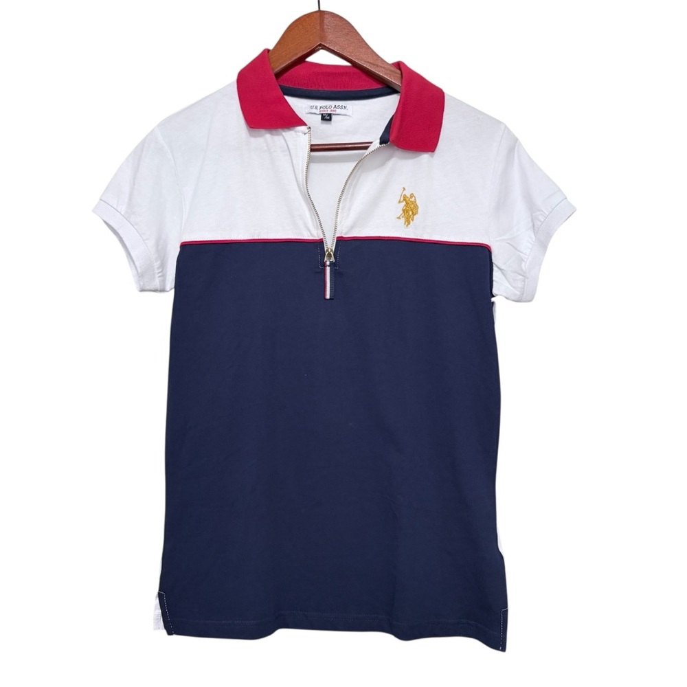 U.S. Polo Assn. Colorblock Zip Short Sleeve Polo Navy White Women’s Sz Medium